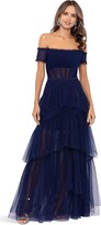 Thumbnail for your product : Betsy & Adam Over-the-Shoulder Tiered Mesh Gown (Navy) Women's Dress