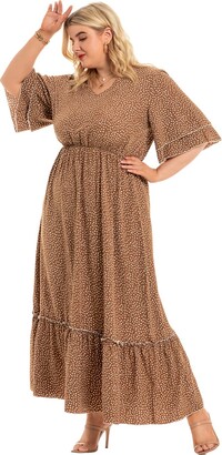 MIAMINE Flare Sleeve Plus Size Dress for Women V Neck Empire Waist Tiered  Polka Dots Maxi Dress Brown 20W - ShopStyle