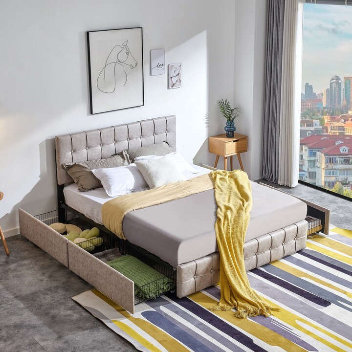 TOSWIN Beige Upholstered Platform Bed Frame with Adjustable Headboard