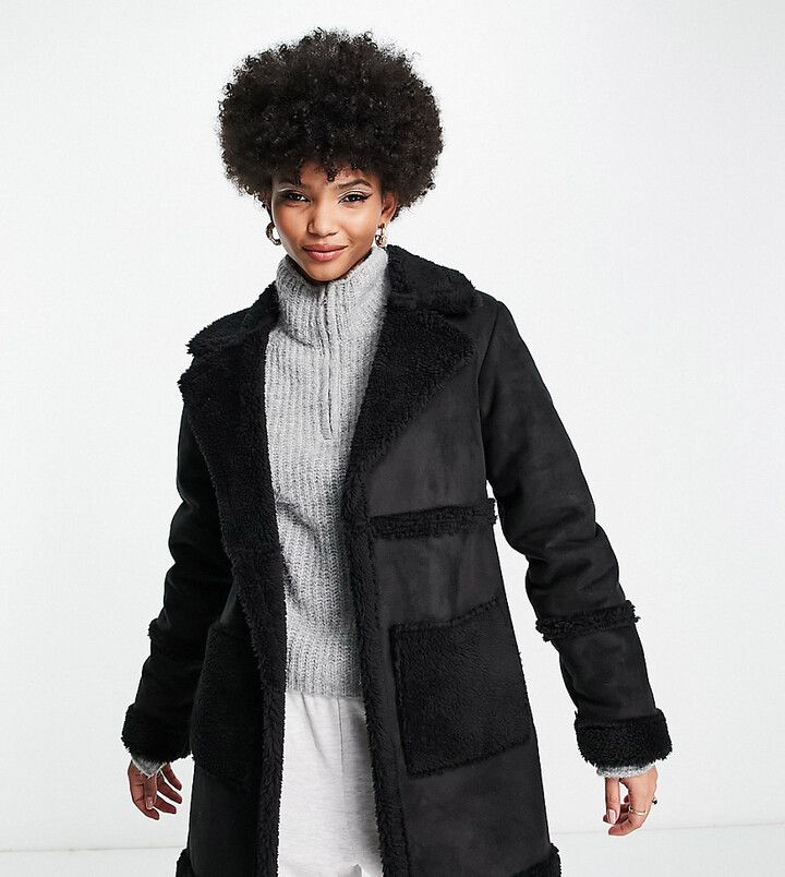 Threadbare Tall Harp bonded coat with borg detail in black - ShopStyle