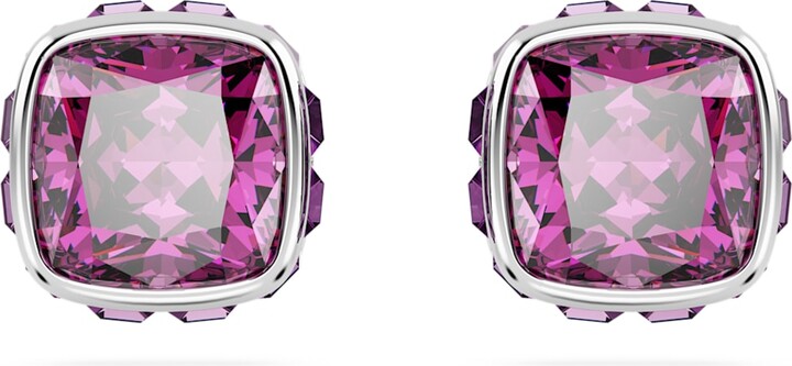 Swarovski Birthstone stud earrings Square cut February Purple Rhodium plated