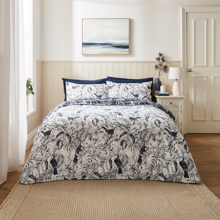 Dunelm Leela Tropical Birds Blue 100 Cotton Reversible Duvet Cover and