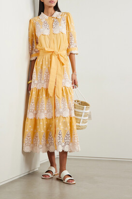 Miguelina Ophelia Belted Crochet-trimmed Embroidered Cotton Maxi Dress - Yellow