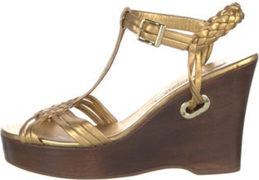 Ralph Lauren Collection Leather T-Strap Sandals Gold Braided Accents Platform Wrap-Around Straps & Buckle Closure at Ankles Unfortunately, due to restrictions, this item may not be eligible for shipping in all areas.