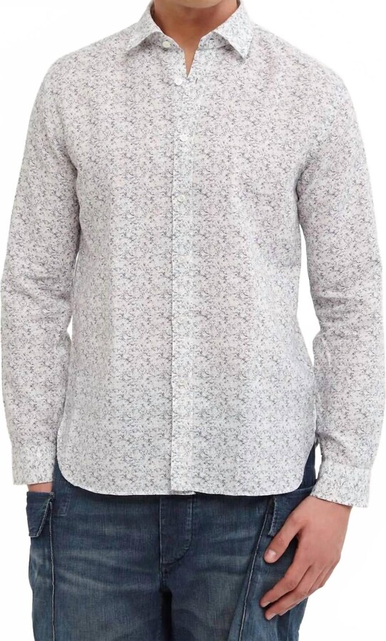 Xacus Collar Spread Linen Pattern Shirt In White/navy