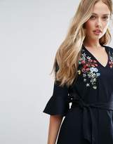 Thumbnail for your product : Warehouse Freida Embroidered Cotton Fluted Sleeve Dress