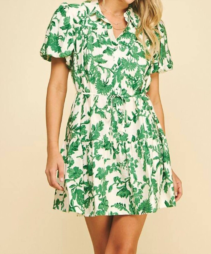 PINCH Orion Floral Drop Waist Dress In Cream & Rich Green