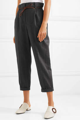 Brunello Cucinelli Oversized Leather-trimmed Herringbone Cotton-blend Cropped Pants - Gray