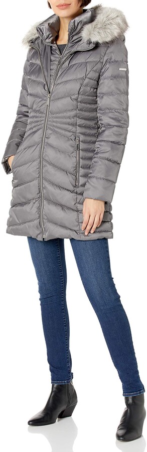 Laundry by Shelli Segal Women's 3/4 Puffer Jacket with Detachable Faux Fur  Strip and Bib - ShopStyle