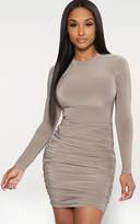 Thumbnail for your product : PrettyLittleThing Taupe Second Skin Slinky Long Sleeve Ruched Bodycon Dress