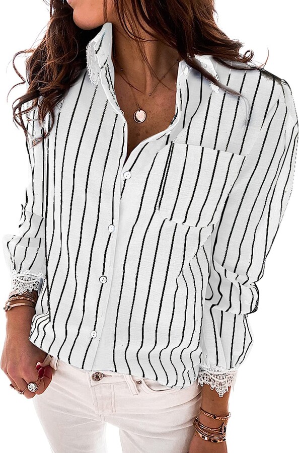 Women Long Sleeve Stripes T Shirt Career Office Casual Pocket Blouses Tunic Tops 