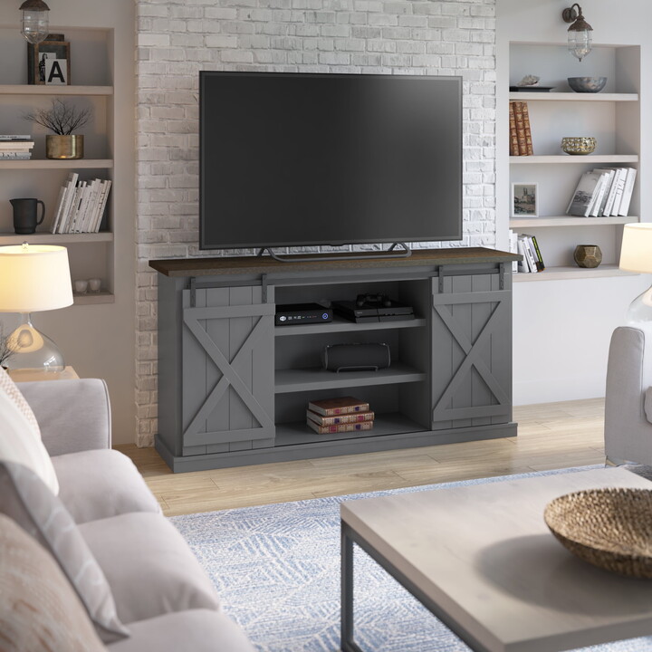 Twin Star Home TwinStar Home Farmhouse TV Stand with Sliding Barn Doors for TVs up to 70", Antique Gray