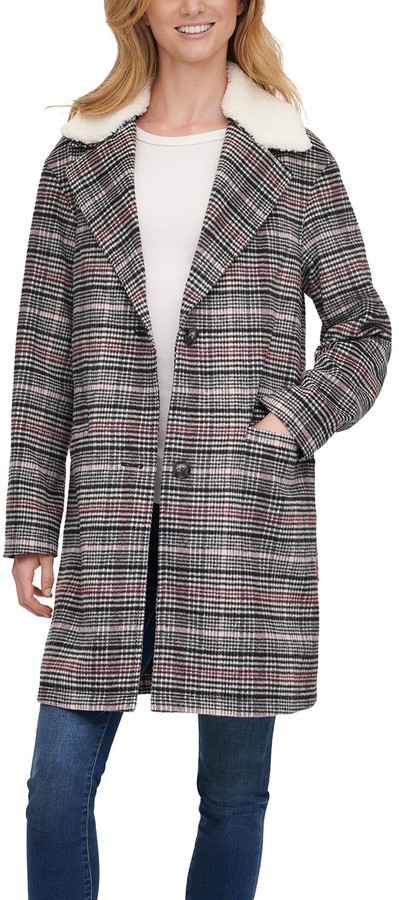 levi's women's wool plaid sherpa collar top coat