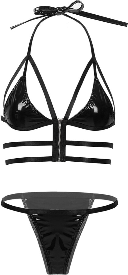 Choomomo Womens Lingerie PVC Metallic Bikini Set Shiny Halter Bra Top ...
