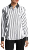 Thumbnail for your product : Go Silk Leather-Trim Striped Poplin Shirt