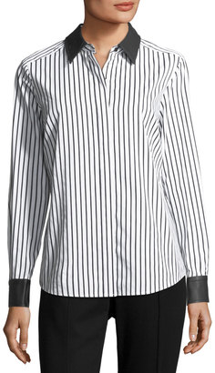 Go Silk Leather-Trim Striped Poplin Shirt
