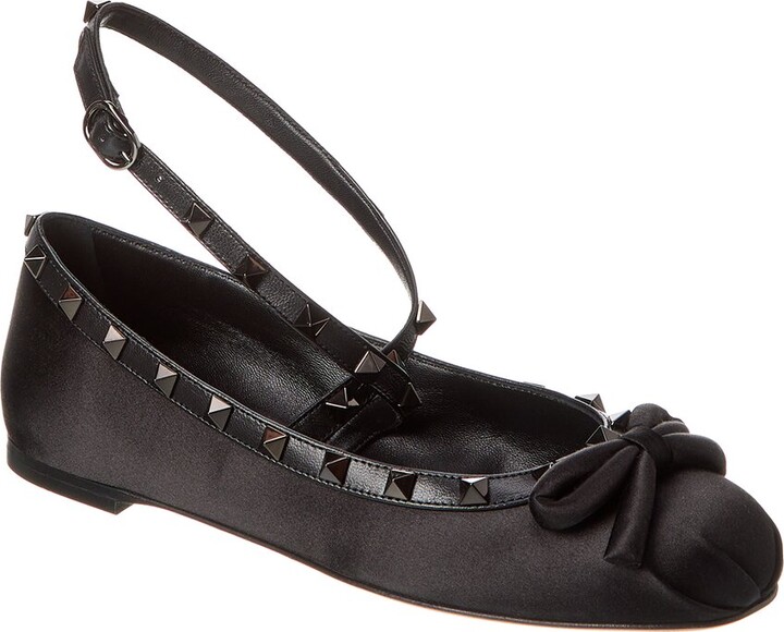 Valentino Rockstud Satin & Leather Ankle Strap Ballerina Flat