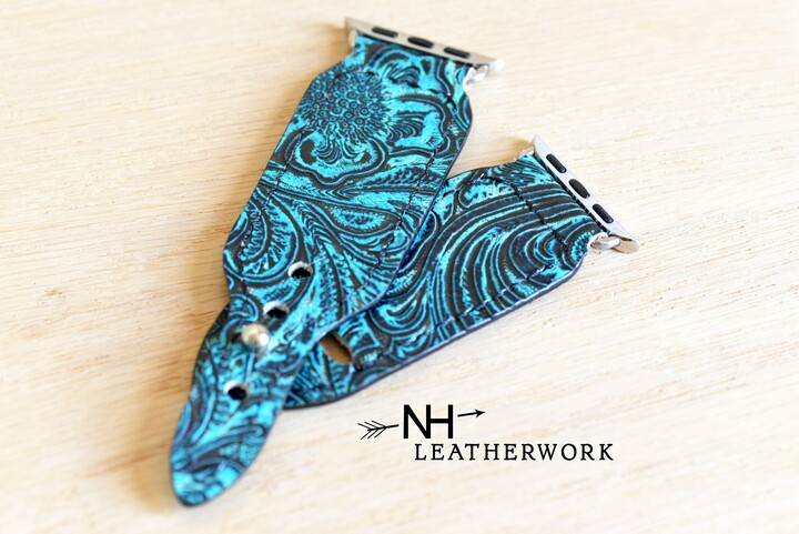 Leather Watch Band Strap, Turquoise & Black Floral Embossed, For Apple 38/40/41mm 42/44/45/49mm Fitbit Versa 2, Samsung Galaxy