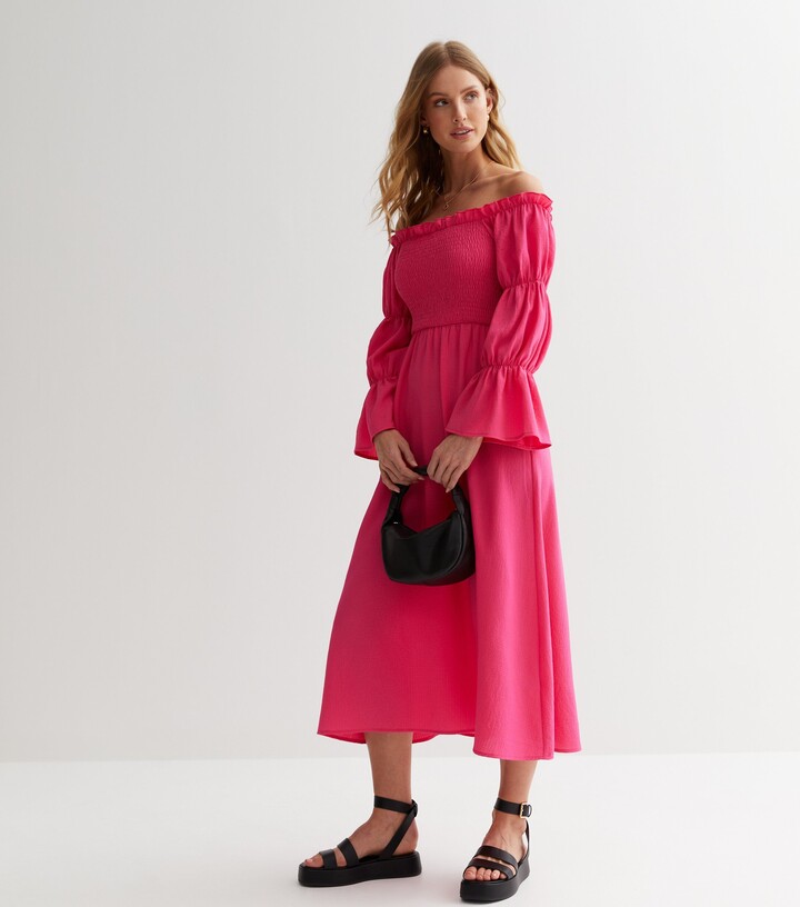 Gini London Mid Pink Shirred Frill Tiered Bardot Midi Dress