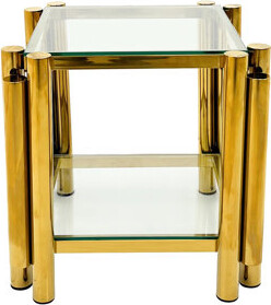 Mercer41 Modern Gold Stainless Steel End Table, 20 Inch Square With Double-Layer Clear Tempered Glass, Storage For Living Room Home Office Gold,