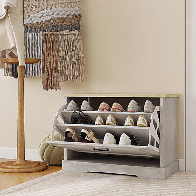 Shoe Storage Bench with 1 Flip Drawer and Adjustable Shelf, Small Shoe Cabinet for Entryway