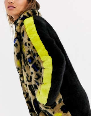 Urban Code Urbancode faux fur coat in bright leopard and stripe sleeve