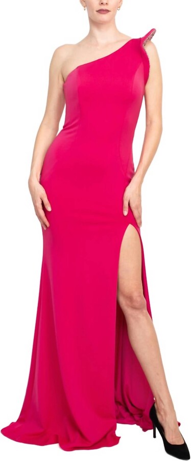 Jovani Fitted One Shoulder Slit Front Crepe Gown In Hot Pink