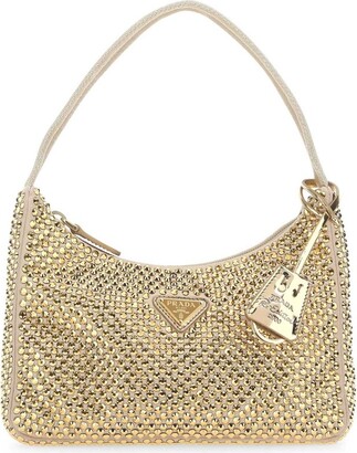 Prada mini crystal-embellished triangle logo shoulder bag, Gold