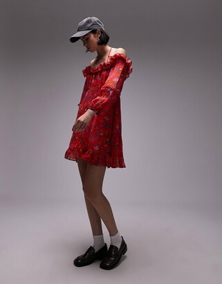 Topshop red floral bardot mini dress - ShopStyle