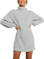 Machico Women Turtleneck Long Lantern Sleeve Casual Loose Oversized Sweater Dress Soft Winter Pullover Dresses Khaki M