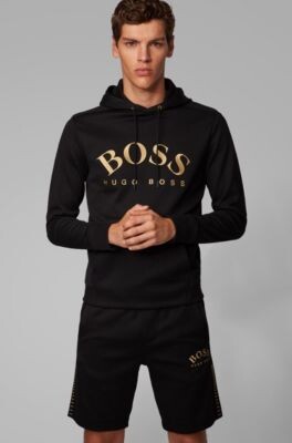 HUGO BOSS Hooded sweatshirt with curved logo artwork and hidden pocket