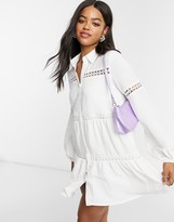 Thumbnail for your product : In The Style x Lorna Luxe bell sleeve shirt dress with cotton trim in cream