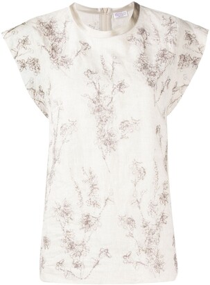 Brunello Cucinelli Abstract-Floral Cap Sleeve Blouse