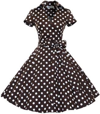 Tecrio Women 50s 60s Audrey Hepburn V-Neck Vintage Rockabilly Pinup Party Dress S
