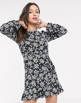 Thumbnail for your product : Miss Selfridge swing tea dress with ruffle hem in black floral print