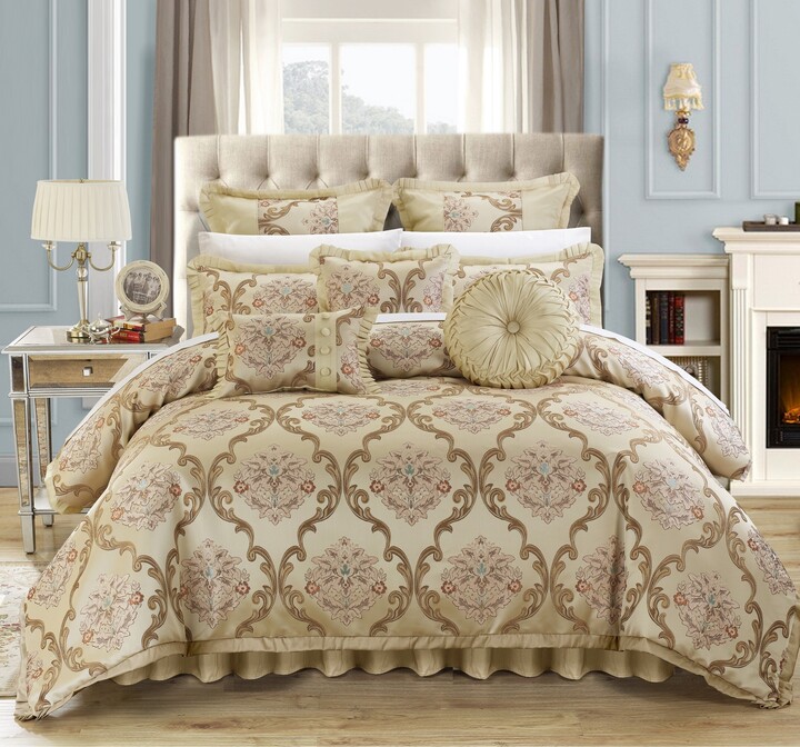 7-Pc Pierce Comforter Set|Jacquard Damask Floral Scroll Fleur de lis|White|King 