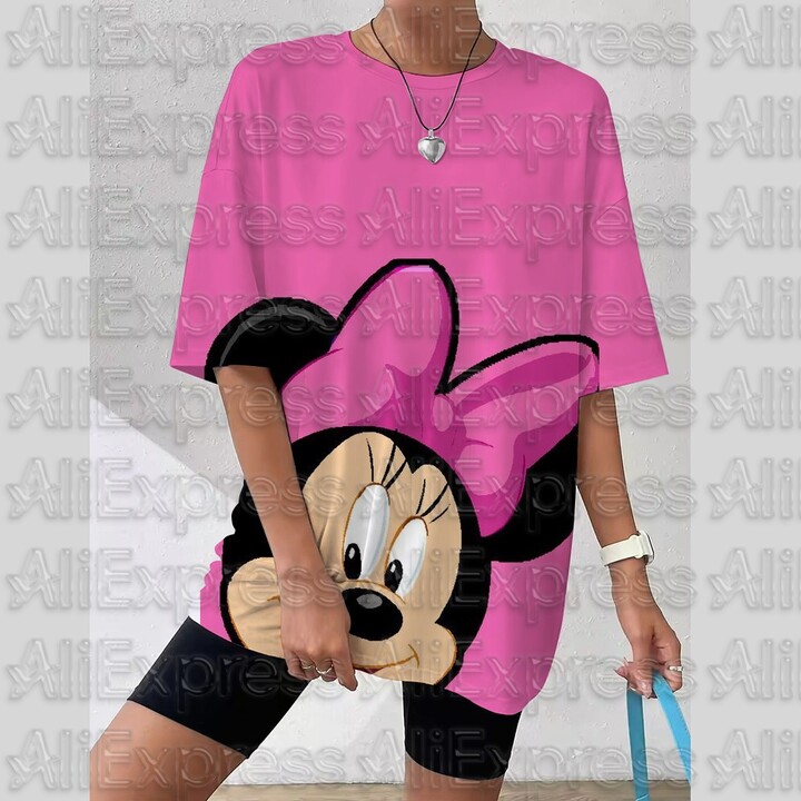 Miniso/Name Excellence Superior Products MOTO Disney Mickey Mouse Print Summer Round Neck Clothes Pulovers Top Graphic T Shirts Casual T Shirt for Women Oversize T-shirt