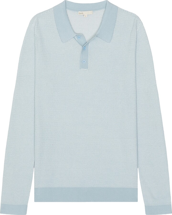 Onia Cotton Textured Knit Long Sleeve Polo in Baby Blue
