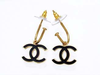 Chanel Gold Tone Metal Black CC Logo Dangle Stud Earrings
