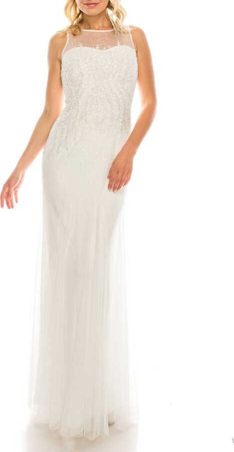 Illusion Beaded Sheath Gown In Ivory