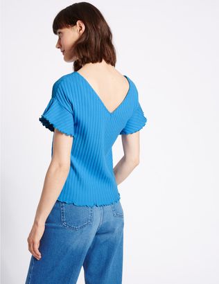 Marks and Spencer Cotton Rich Ribbed Frill Sleeve T-Shirt