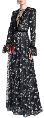 Monique Lhuillier Velvet-trimmed Embroidered Tulle Gown