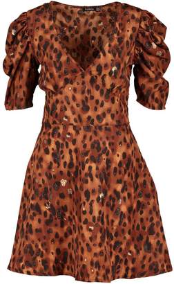 boohoo Leopard Print Puff Sleeve Skater Dress