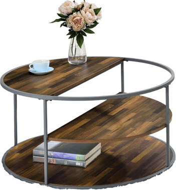 17 Stories Industrial Style Coffee Table 3 - Tier Shelf Gray And Walnut Finish Powder Coated Frame Half Shelf For Easy Access Replicated Wood Grain On Paper