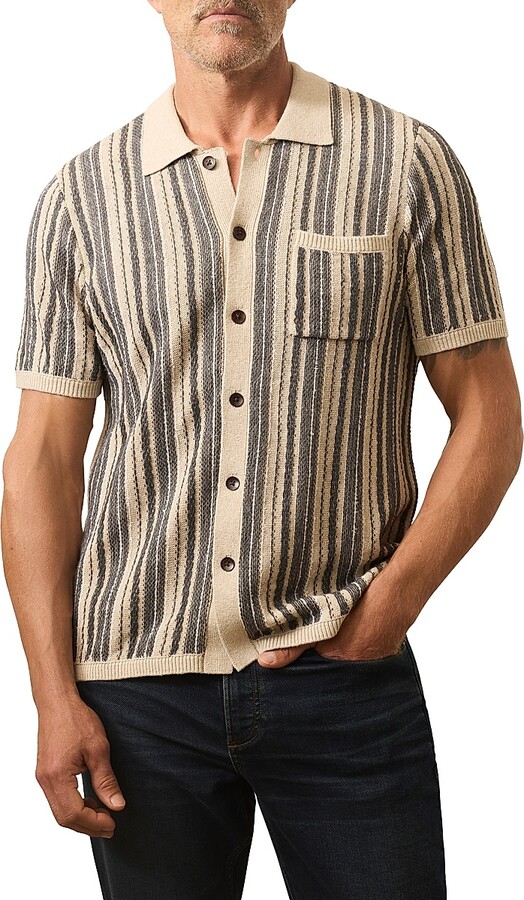 Faherty Brand Men's Short-Sleeve Sweater Shirt - Iron Mountain Stripe - Size XXL