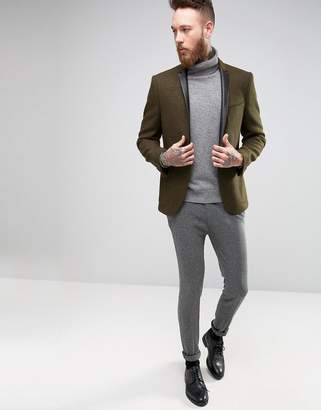 ASOS DESIGN Slim Blazer In Khaki Harris Tweed 100% Wool with Real Leather Lapel