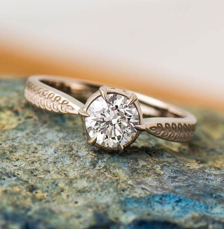 Etsy Vintage Style Engagement Ring 18K Palladium White Gold One Cart Diamond Art Deco Leaf Pattern Unique Ring