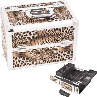 9.75 inch Brown Leopard Animal Print Interchangeable E Series 3 Extendable Customize Trays Aluminum Professional Makeup Artist Travel Train Case Cosmetics Storage Tote Organizer w/Shoulder Strap