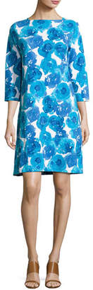 Joan Vass 3/4-Sleeve Floral-Print Shift Dress, Petite