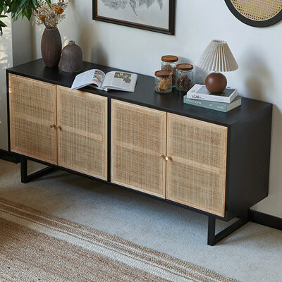 Corrigan Studio Retro White Ash Wood Wicker Storage Side Cabinet